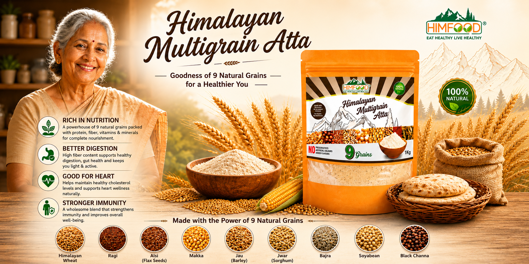 Himfood Himalayan Multigrain Atta healthy flour made with 9 natural grains high fiber nutritious atta from Uttarakhand