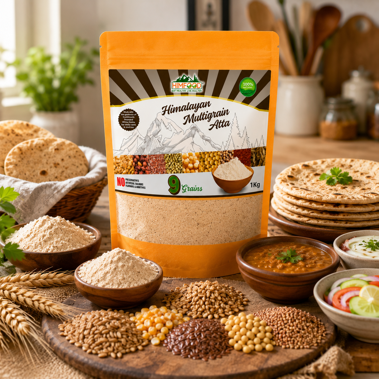 HIMFOOD Himalayan Multigrain Atta 1kg with fresh homemade chapati, dal, vegetables and 9 Himalayan grains in a traditional kitchen, showcasing healthy family meals and wholesome multigrain nutrition.