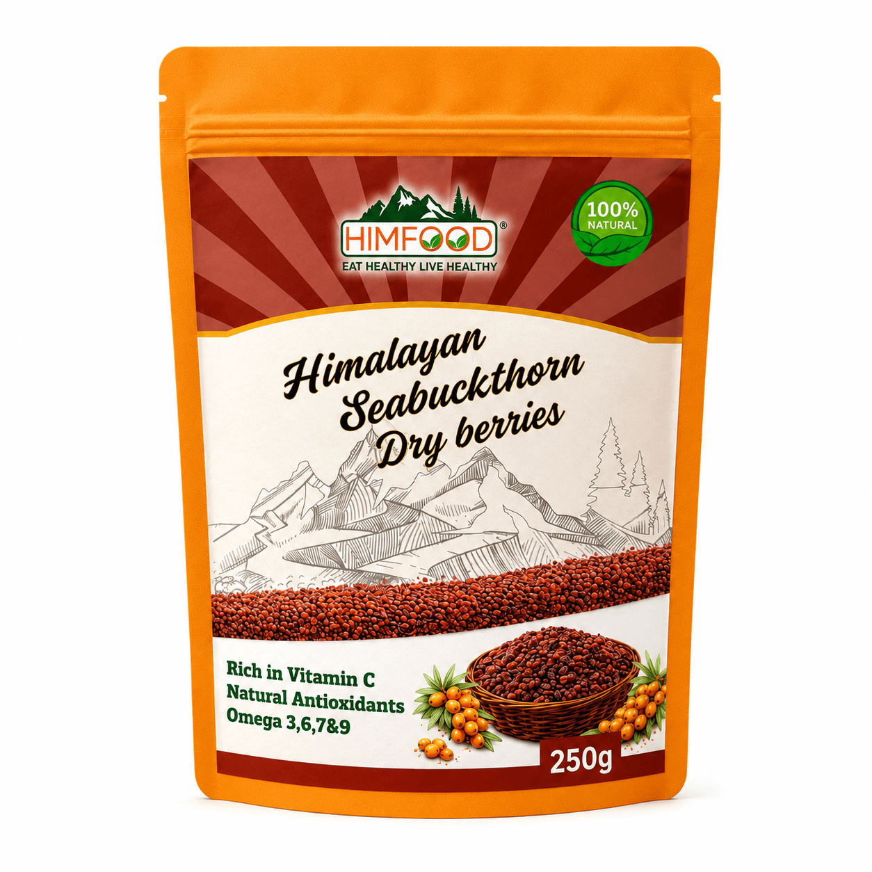 HIMFOOD Himalayan Seabuckthorn Dry Berries 250g – Natural Superfood Rich in Vitamin C, Antioxidants, Omega 3 6 7 9 from Uttarakhand