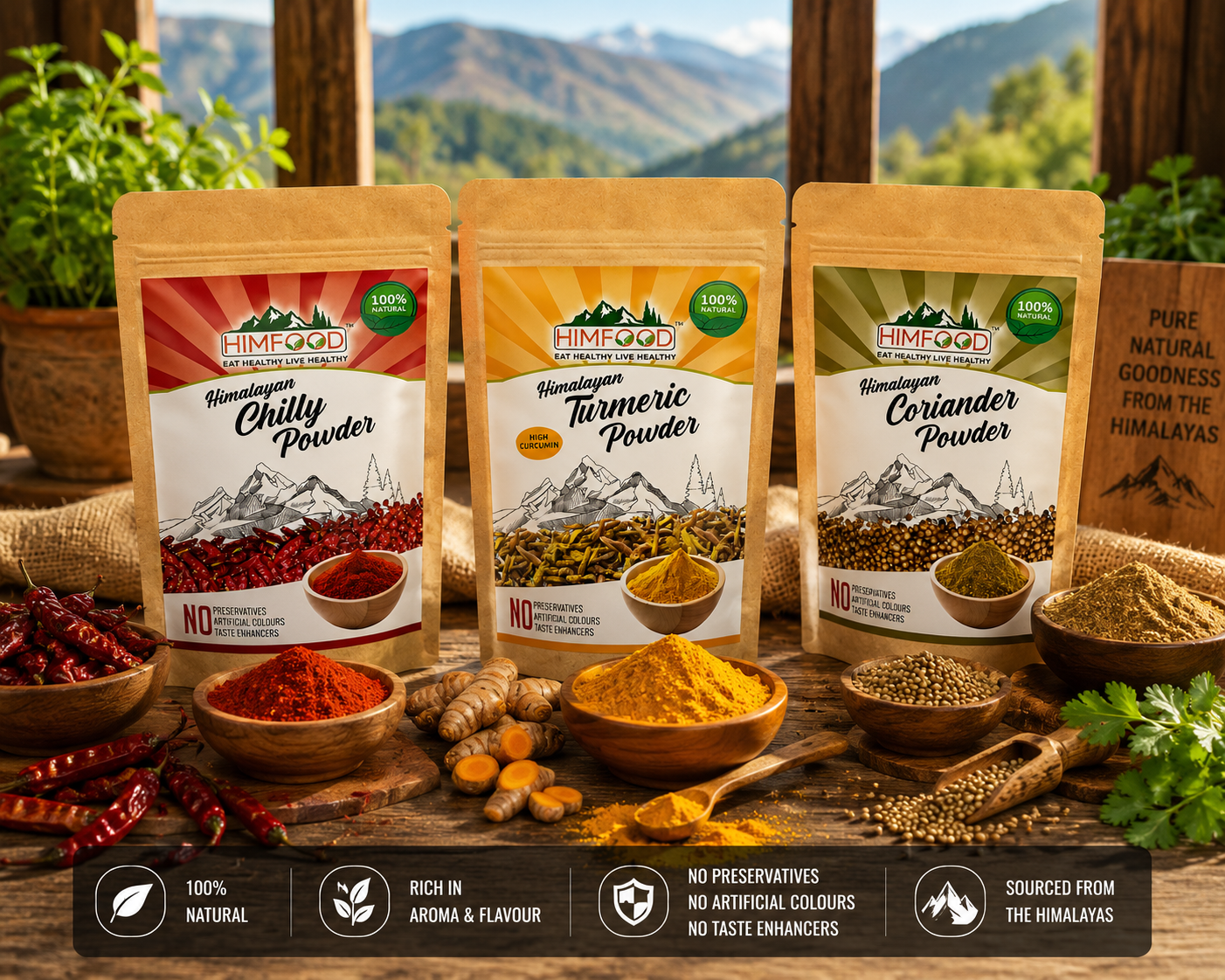 HIMFOOD Himalayan Spice Combo with Turmeric Powder, Red Chilli Powder and Coriander Powder displayed in a rustic Himalayan kitchen with whole spices and herbs – Pure Natural Indian Cooking Spices
