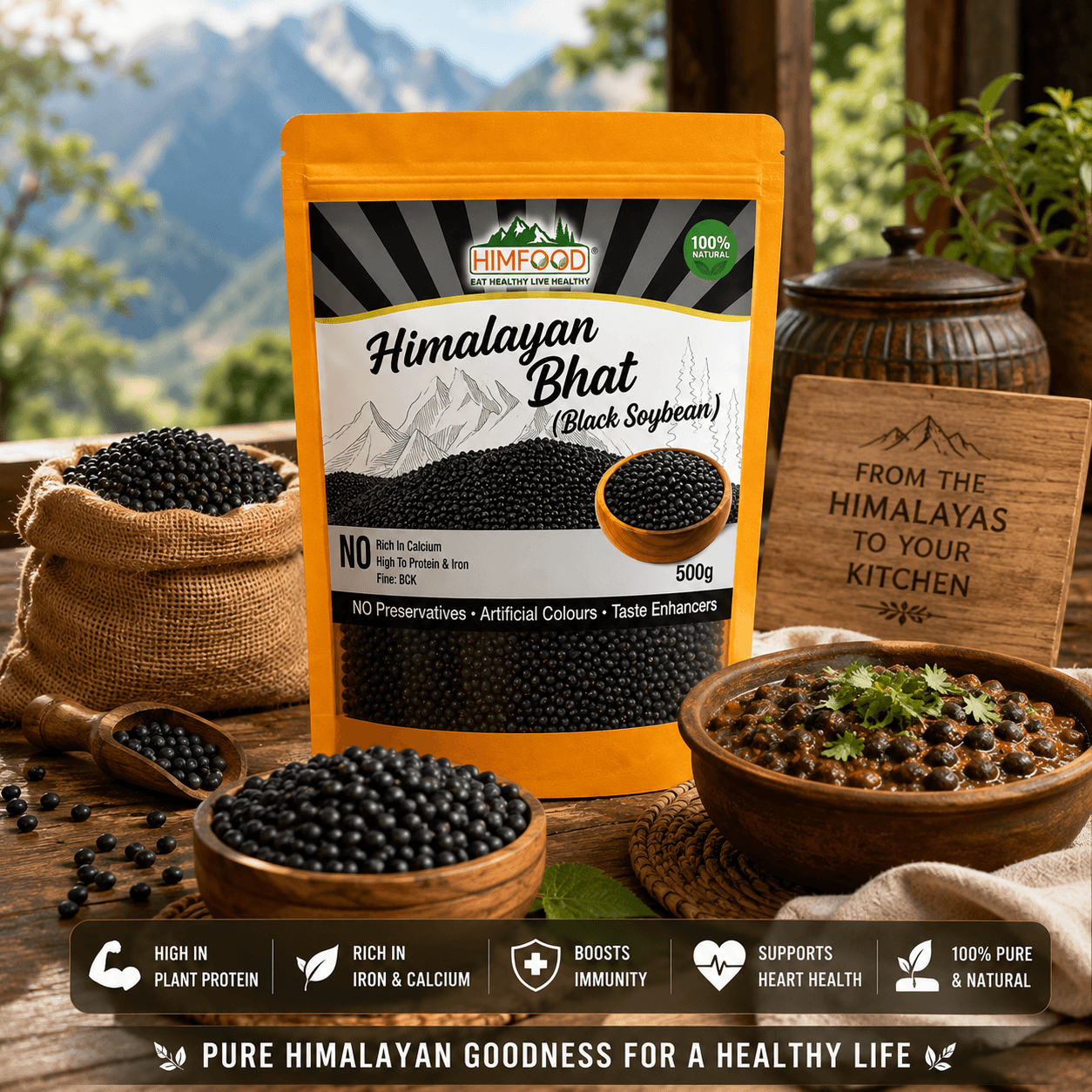 HIMFOOD Himalayan Bhatt (Black Soybean) 500g with Traditional Bhatt Curry, Raw Black Soybeans and Himalayan Kitchen Setting – Premium Natural Protein-Rich Superfood from Uttarakhand