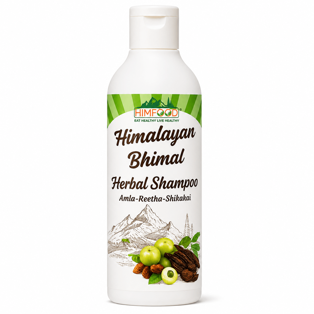 HIMFOOD Himalayan Bhimal Herbal Shampoo with Amla, Reetha and Shikakai 300ml bottle on white background | Natural Ayurvedic shampoo for healthy hair