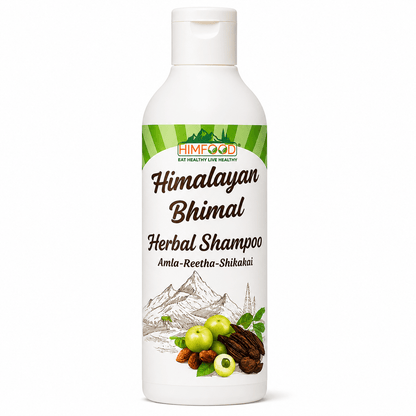 HIMFOOD Himalayan Bhimal Herbal Shampoo with Amla, Reetha and Shikakai 300ml bottle on white background | Natural Ayurvedic shampoo for healthy hair