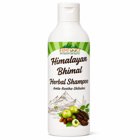 HIMFOOD Himalayan Bhimal Herbal Shampoo with Amla, Reetha and Shikakai 300ml bottle on white background | Natural Ayurvedic shampoo for healthy hair