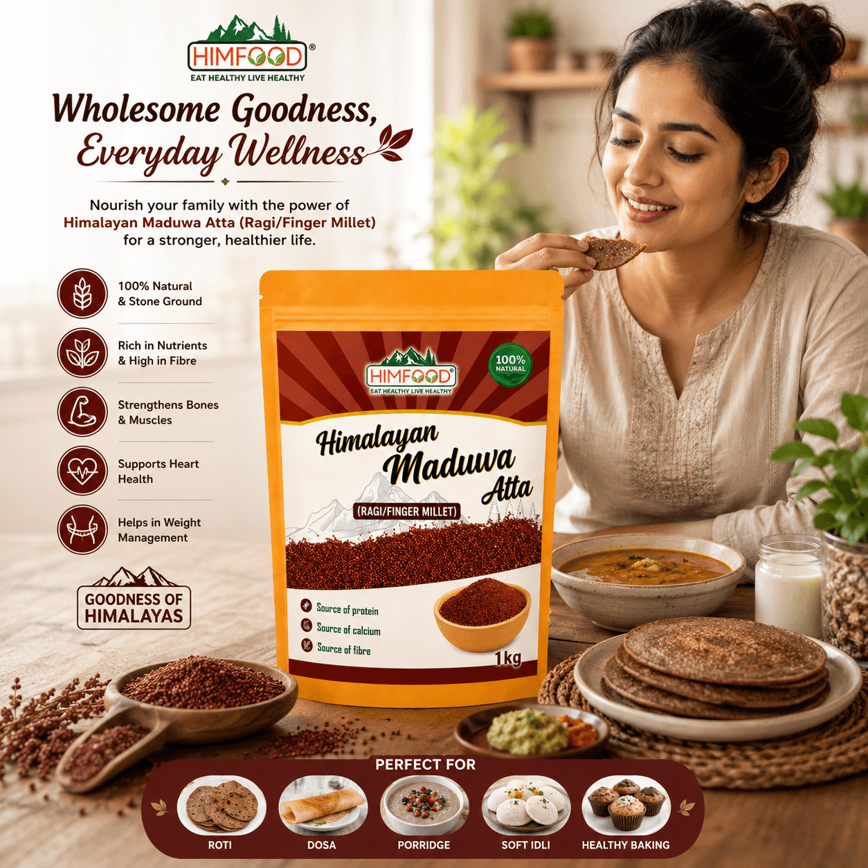 HIMFOOD Himalayan Maduwa Atta (Ragi Finger Millet Flour) Lifestyle Image with Healthy Ragi Roti - Stone Ground Millet Flour for Nutritious Indian Meals and Everyday Wellness