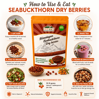 How to use Himalayan Seabuckthorn Dry Berries – Eat raw, add to breakfast, salads, tea, smoothies or trail mix for daily nutrition and immunity support