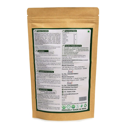 Himalayan Nettle Leaf Green Tea – 50g packaging back with nutritional facts and product description.