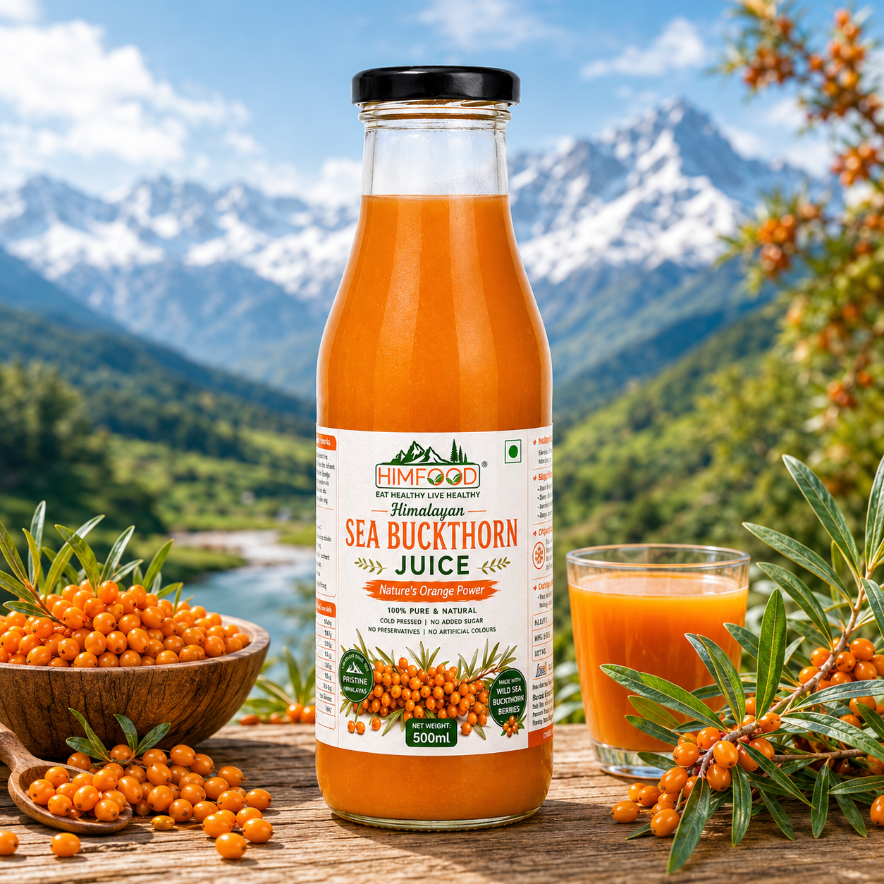 HIMFOOD Himalayan Sea Buckthorn Juice 500ml with fresh sea buckthorn berries, glass of juice and Himalayan mountain landscape, rich in natural vitamin C and antioxidants.