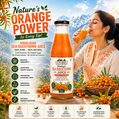 HIMFOOD Himalayan Sea Buckthorn Juice 500ml with fresh sea buckthorn berries, glass of juice and Himalayan mountain landscape, rich in natural vitamin C and antioxidants.