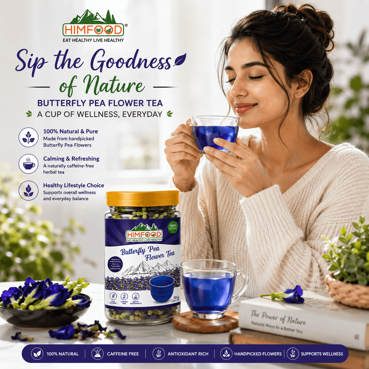 Woman enjoying Himfood Himalayan Butterfly Pea Flower Tea with a vibrant natural blue tea in a cozy home setting, showcasing a caffeine-free herbal tea for daily wellness, relaxation and antioxidant support.