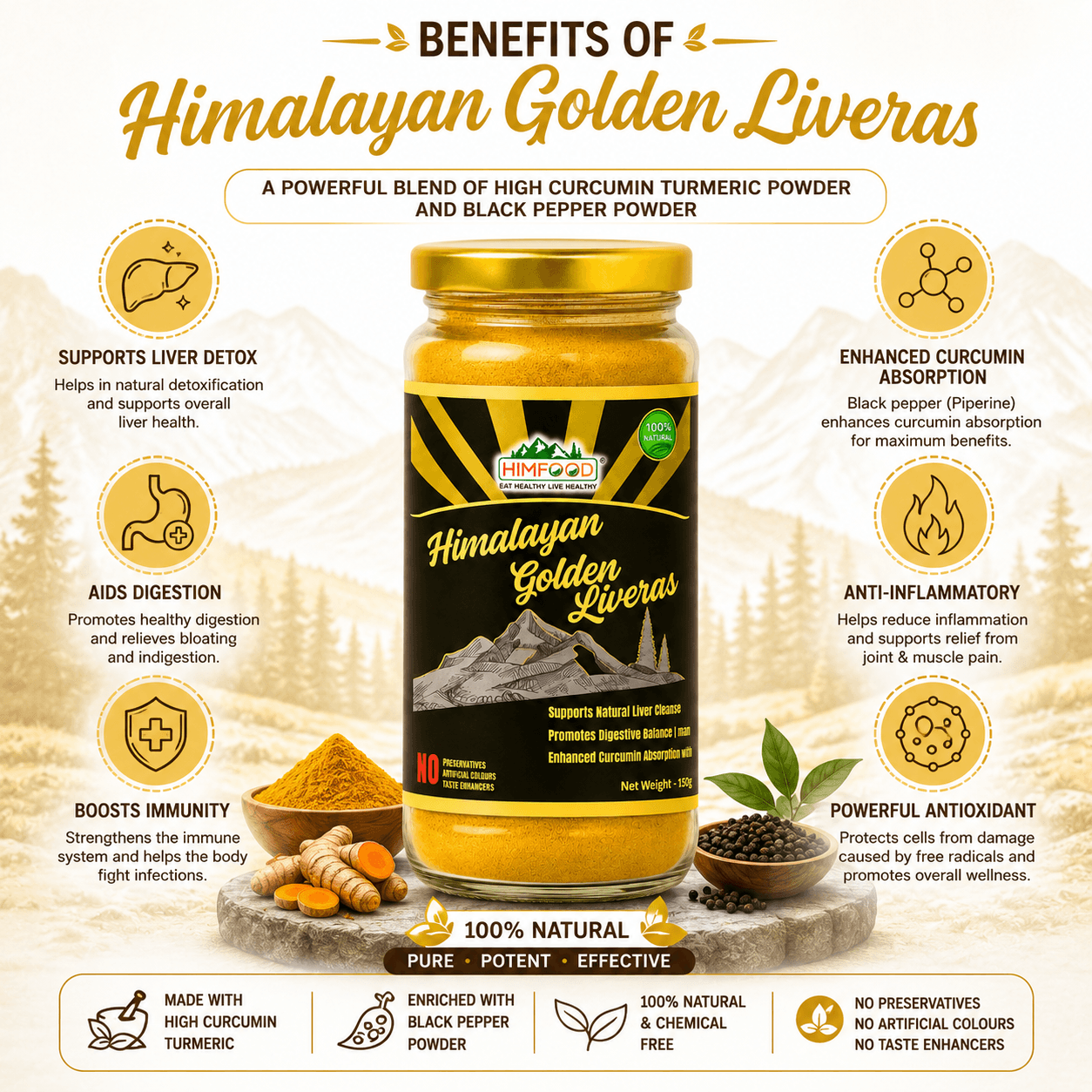 HIMFOOD Himalayan Golden Liveras Health Benefits | High Curcumin Turmeric and Black Pepper Blend for Liver Support, Digestion, Immunity & Antioxidant Protection