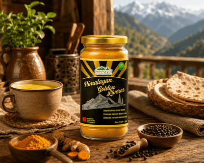 HIMFOOD Himalayan Golden Liveras Lifestyle Image | Premium High Curcumin Turmeric & Black Pepper Blend with Turmeric Roots and Pepper in a Himalayan Kitchen Setting