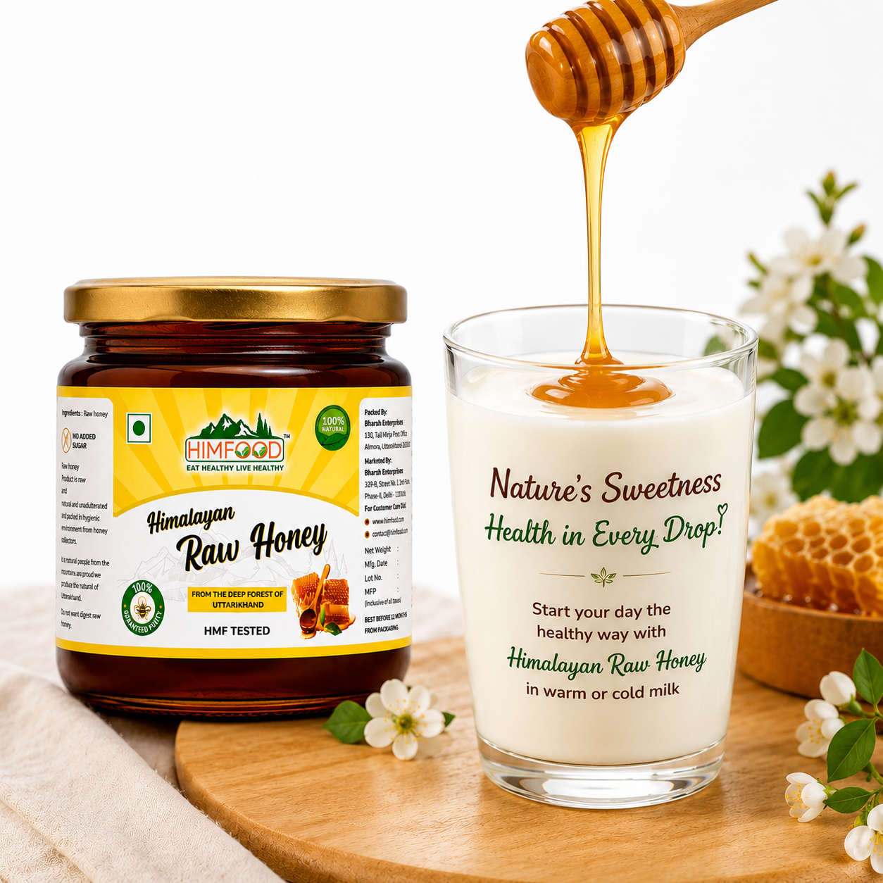 HIMFOOD Himalayan Raw Honey in glass jar with pure honey drizzling into a glass of milk – unprocessed, unheated, HMF tested raw honey from Uttarakhand