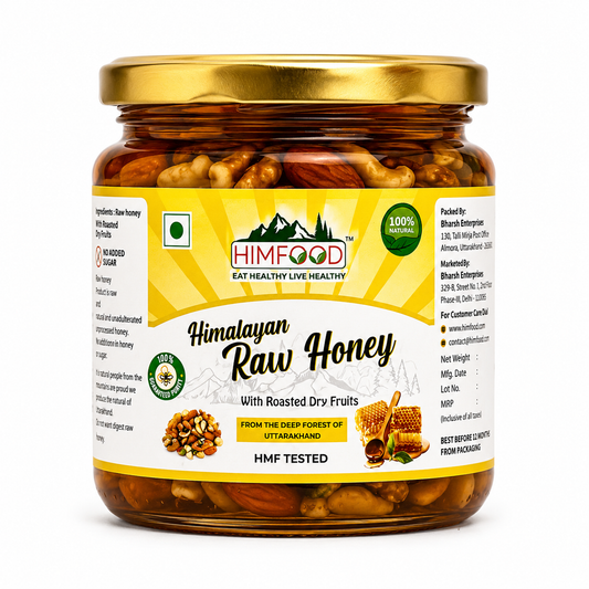 Himalayan Raw Honey with Roasted Dry Fruits Jar – Pure Multiflora Honey with Almonds, Cashews, Walnuts & Raisins | HMF Tested | No Added Sugar | Himfood