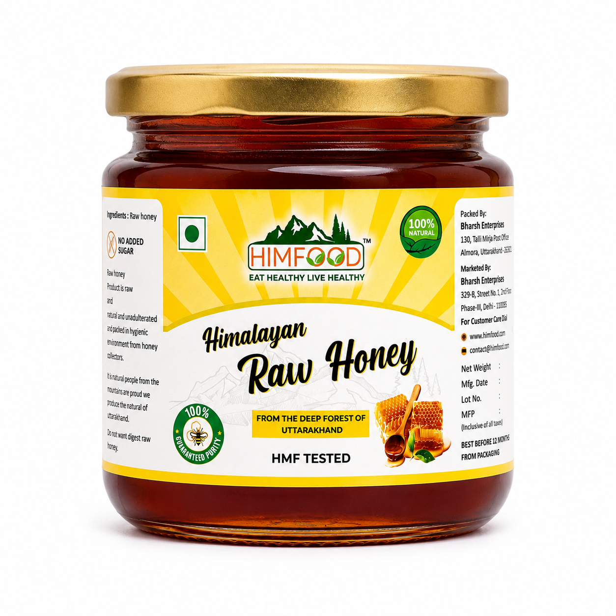 HIMFOOD Himalayan Raw Honey jar on white background – pure multiflora raw honey, HMF tested, unprocessed, unfiltered, natural honey from the Himalayas