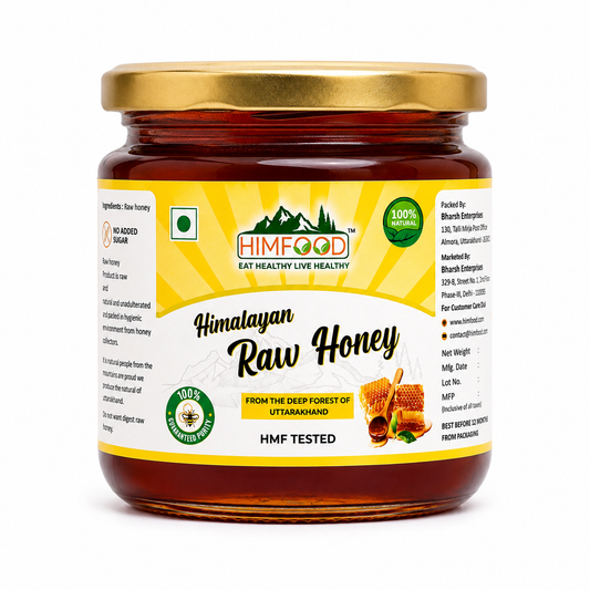HIMFOOD Himalayan Raw Honey jar on white background – pure multiflora raw honey, HMF tested, unprocessed, unfiltered, natural honey from the Himalayas