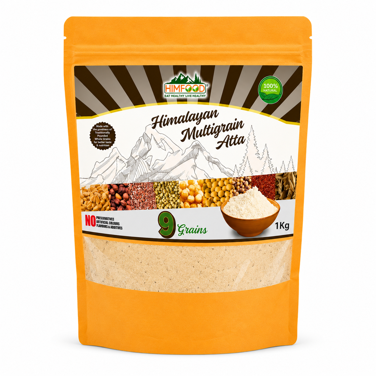 HIMFOOD Himalayan Multigrain Atta 1kg made with 9 Himalayan grains including wheat, ragi, barley, sorghum, flaxseed, black channa, white soybean and corn – nutritious multigrain flour on white background.
