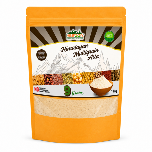 HIMFOOD Himalayan Multigrain Atta 1kg made with 9 Himalayan grains including wheat, ragi, barley, sorghum, flaxseed, black channa, white soybean and corn – nutritious multigrain flour on white background.
