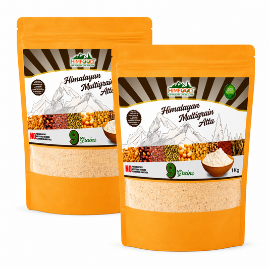 HIMFOOD Himalayan Multigrain Atta Pack of 2 (1kg x 2) made with 9 nutritious Himalayan grains including wheat, ragi, barley, sorghum, flaxseed, black channa, white soybean and corn – high-fibre multigrain flour on white background.