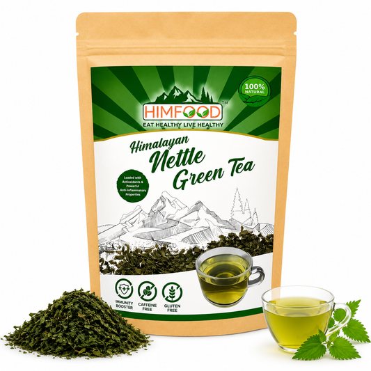 HIMFOOD Himalayan Nettle Green Tea 50g pouch on white background with premium Himalayan nettle leaves, caffeine-free herbal tea rich in antioxidants