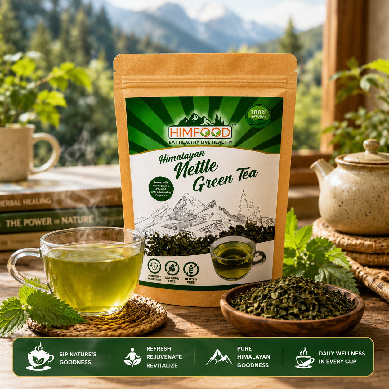 HIMFOOD Himalayan Nettle Green Tea lifestyle image featuring fresh brewed herbal tea, nettle leaves and premium caffeine-free Himalayan wellness tea
