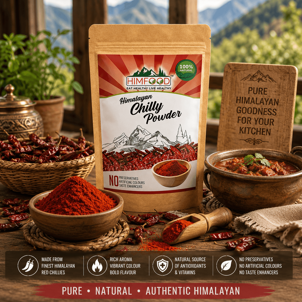 HIMFOOD Himalayan Red Chilli Powder with Whole Dry Red Chillies, Fresh Ground Chilli Powder and Traditional Himalayan Kitchen Setting | Premium Natural Indian Spice