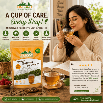 Woman enjoying HIMFOOD Himalayan Raspberry Leaf Green Tea with customer review highlighting natural wellness, menstrual comfort, relaxation and daily herbal tea benefits