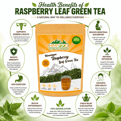 Health benefits of HIMFOOD Himalayan Raspberry Leaf Green Tea including women's health support, menstrual comfort, digestion, immunity, antioxidants, skin health and stress relief
