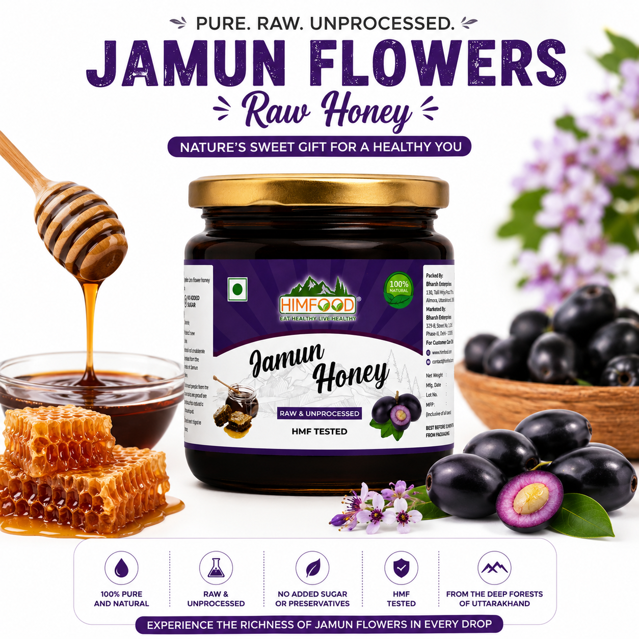 HIMFOOD Jamun Flowers Raw Honey with Honeycomb and Fresh Jamun Fruits – Pure Raw Himalayan Honey, No Added Sugar, HMF Tested, Rich in Antioxidants & Natural Goodness