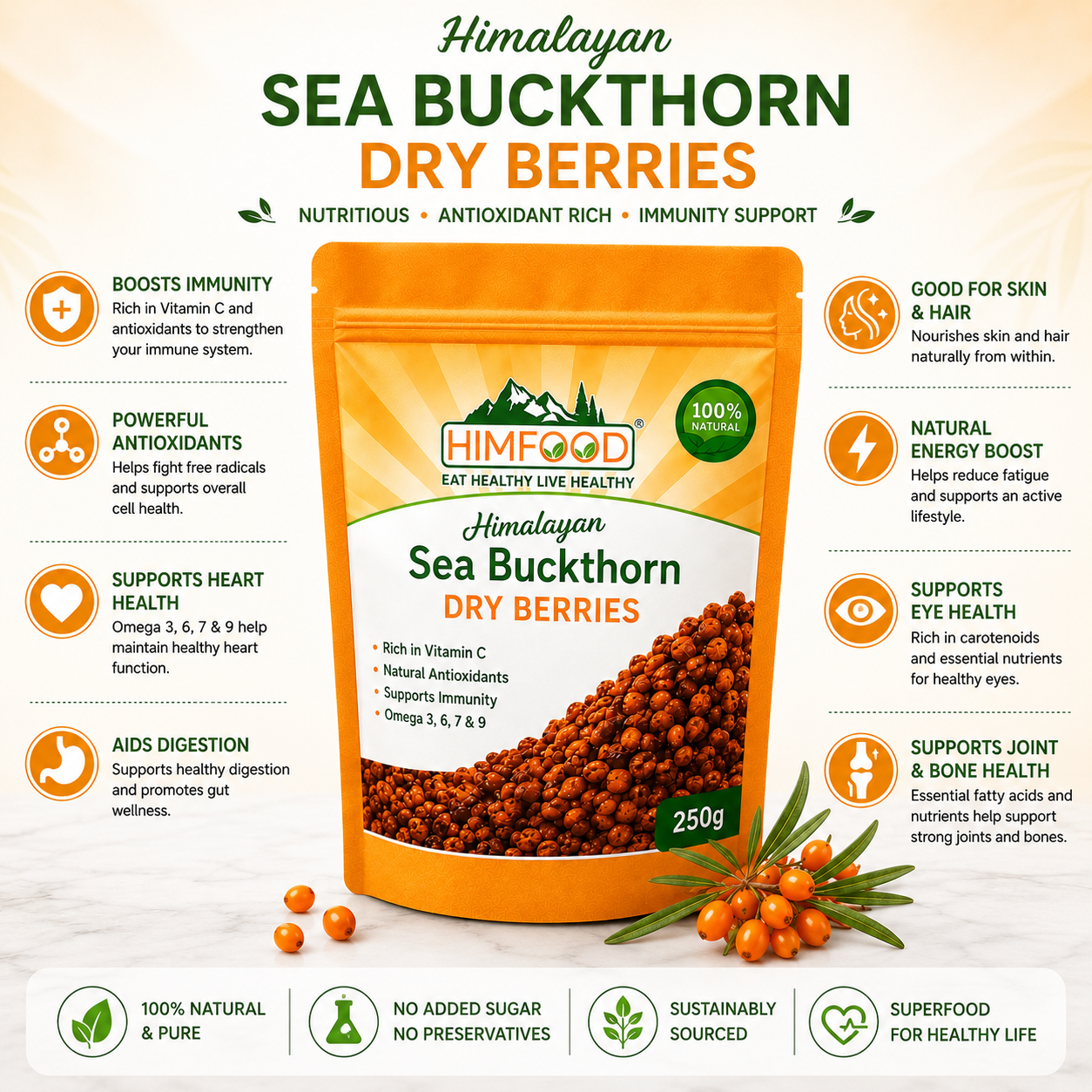 Benefits of Himalayan Sea Buckthorn Dry Berries | Immunity Support, Antioxidants, Heart Health & Skin Wellness