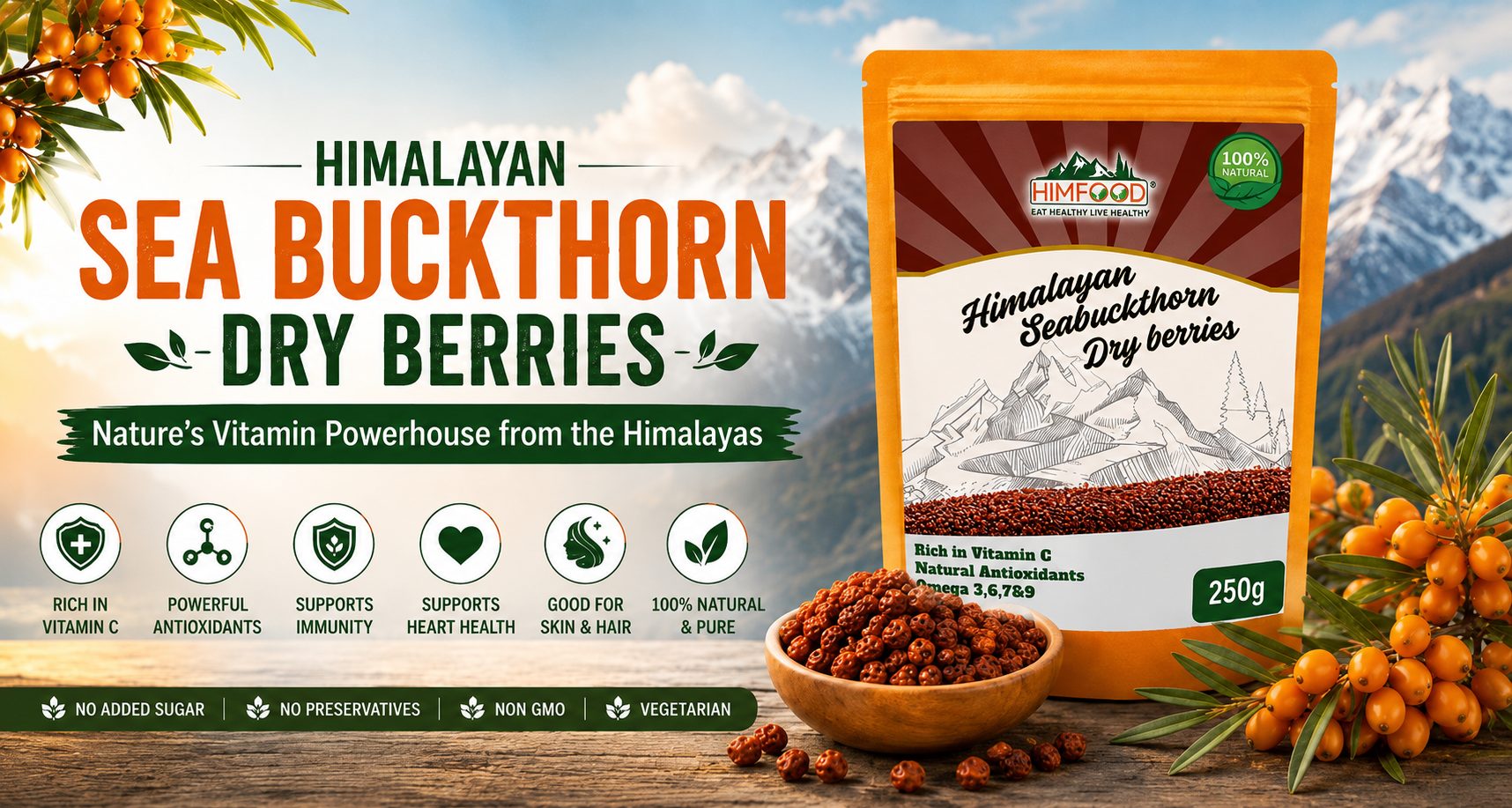 Himfood Himalayan Sea Buckthorn Dry Berries 250g – Vitamin C rich Himalayan superfood with natural antioxidants, Omega 3, 6, 7 & 9 for immunity, heart health, skin and hair wellness.