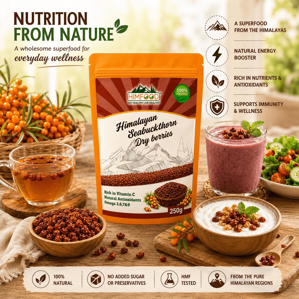 HIMFOOD Himalayan Seabuckthorn Dry Berries lifestyle image with herbal tea, smoothie, yogurt and fresh sea buckthorn berries showing everyday healthy use