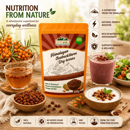 HIMFOOD Himalayan Seabuckthorn Dry Berries lifestyle image with herbal tea, smoothie, yogurt and fresh sea buckthorn berries showing everyday healthy use