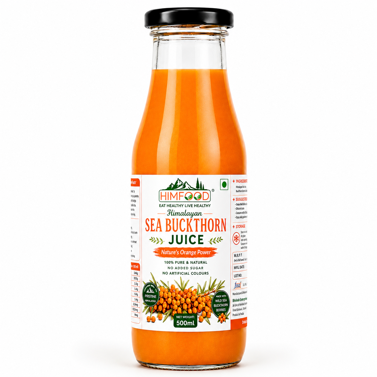 HIMFOOD Himalayan Sea Buckthorn Juice 500ml bottle on white background, cold pressed natural sea buckthorn juice with no added sugar and no preservatives.