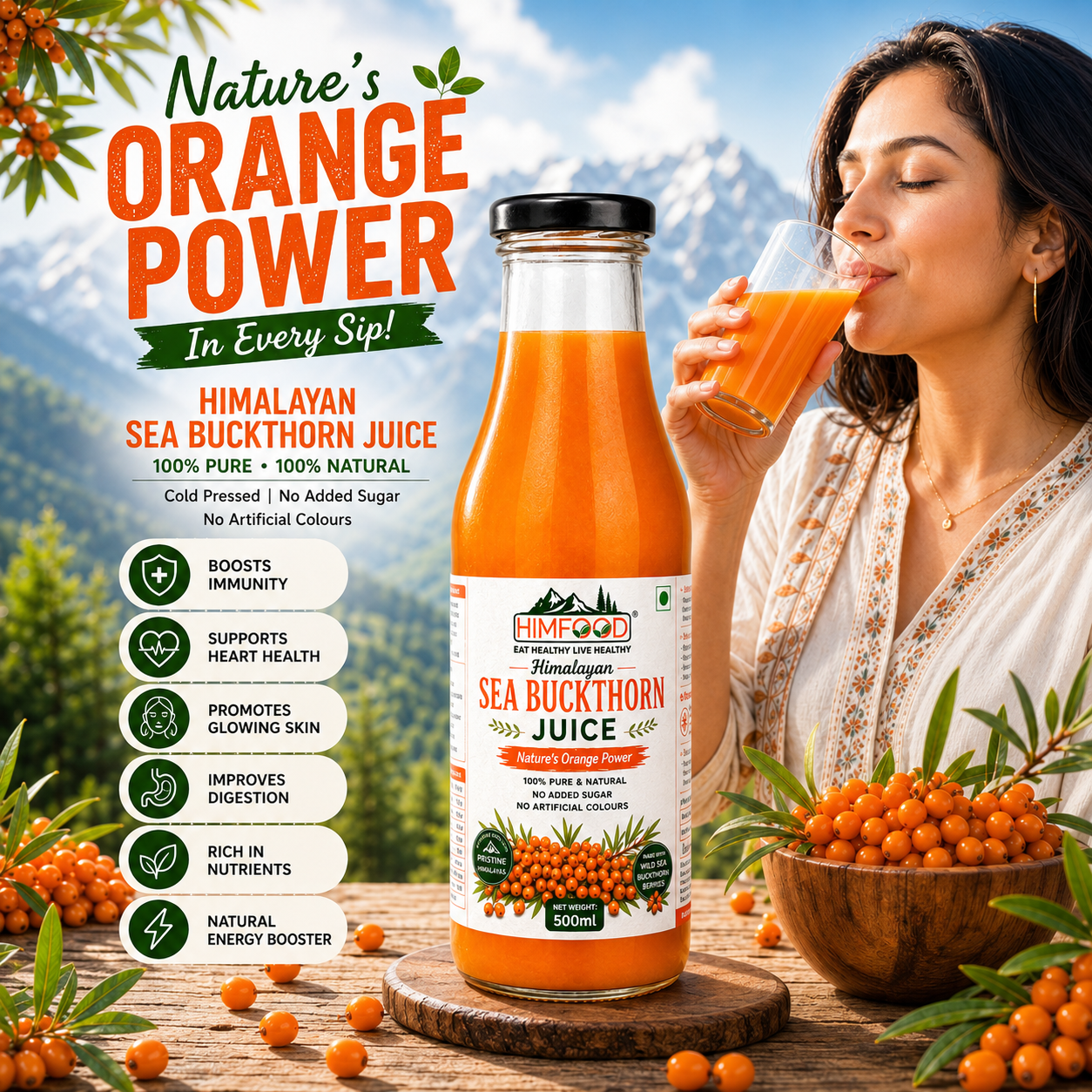 HIMFOOD Himalayan Sea Buckthorn Juice 500ml with fresh sea buckthorn berries, glass of juice and Himalayan mountain landscape, rich in natural vitamin C and antioxidants.