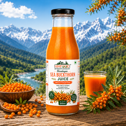 HIMFOOD Himalayan Sea Buckthorn Juice 500ml with fresh sea buckthorn berries, glass of juice and Himalayan mountain landscape, rich in natural vitamin C and antioxidants.