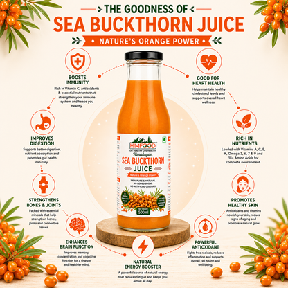 Health benefits of HIMFOOD Himalayan Sea Buckthorn Juice 500ml infographic showing immunity support, heart health, digestion, antioxidants, natural vitamin C and Himalayan superfood benefits.