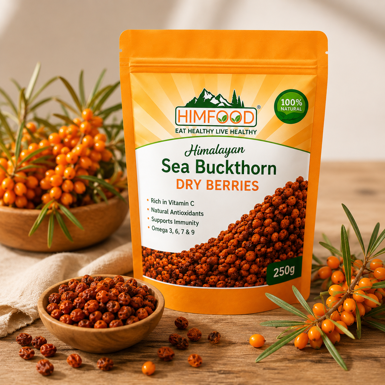 HIMFOOD Himalayan Sea Buckthorn Dry Berries 250g | Rich in Vitamin C, Omega 3 6 7 9 & Natural Antioxidants