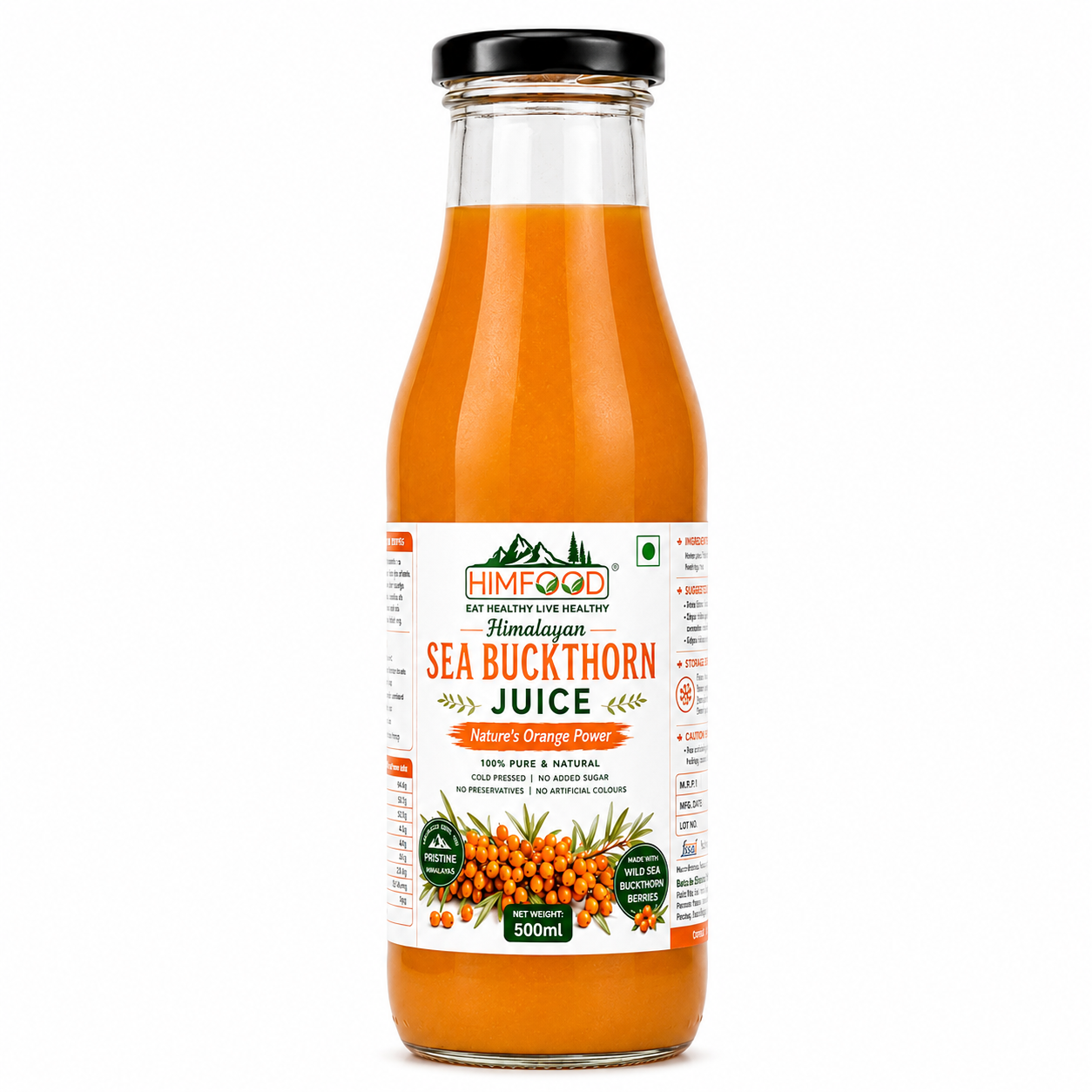 HIMFOOD Himalayan Sea Buckthorn Juice 500ml bottle on white background, cold pressed natural sea buckthorn juice with no added sugar and no preservatives.