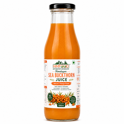 HIMFOOD Himalayan Sea Buckthorn Juice 500ml bottle on white background, cold pressed natural sea buckthorn juice with no added sugar and no preservatives.