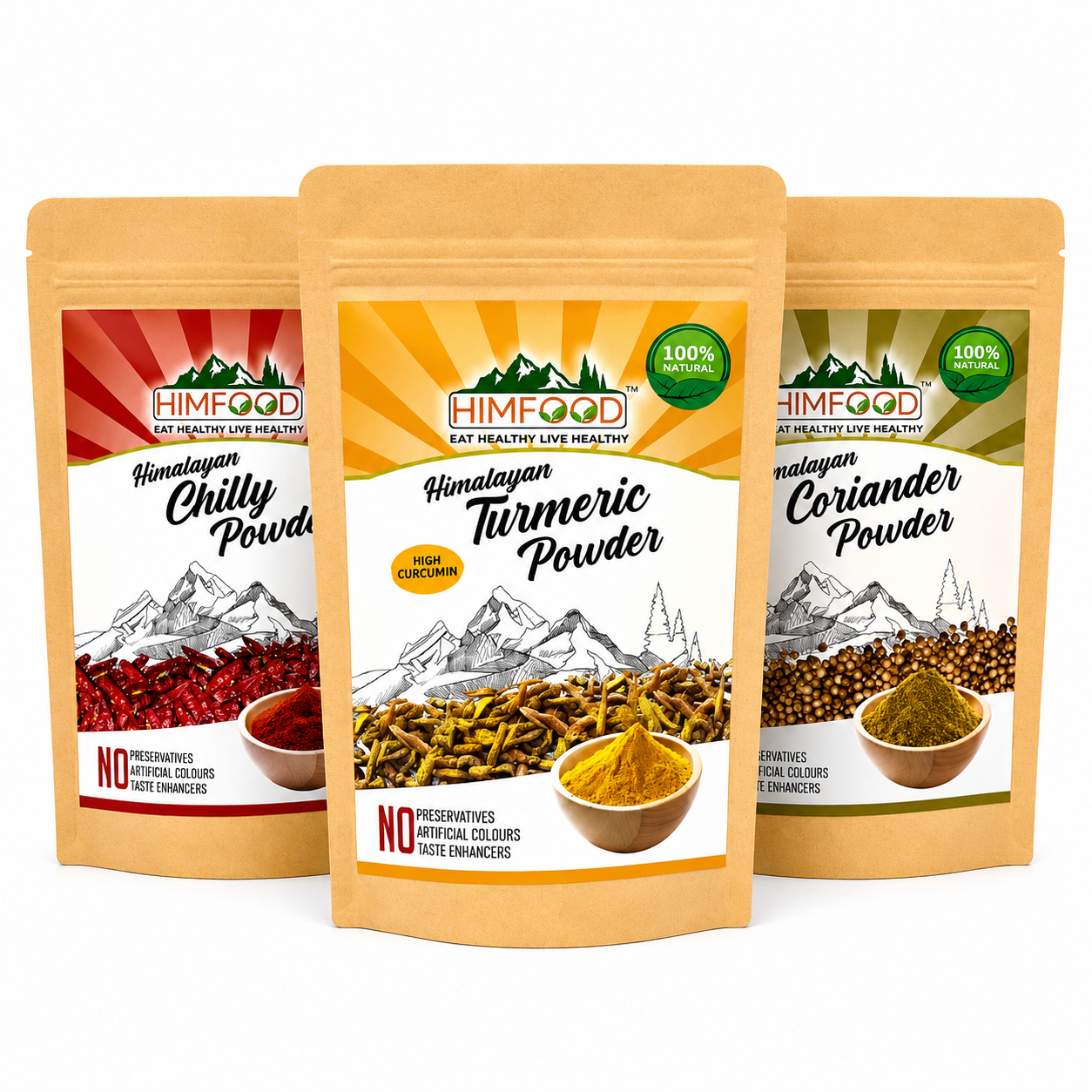 HIMFOOD Himalayan Spice Combo Pack featuring High Curcumin Turmeric Powder, Himalayan Red Chilli Powder and Himalayan Coriander Powder – 100% Natural, No Preservatives, Authentic Himalayan Spices