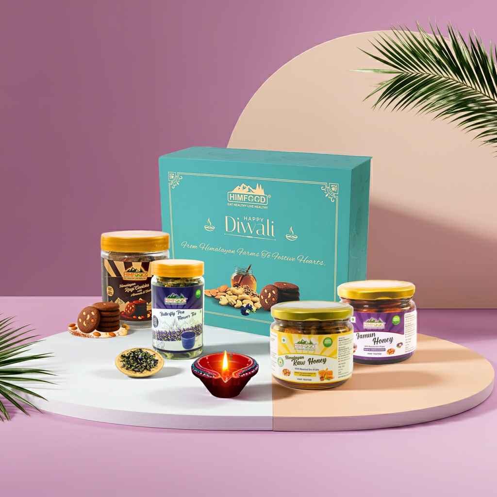 Himalayan Diwali Gift Hamper – Honey with Dry Fruits, Herbal Tea & Ragi Cookies