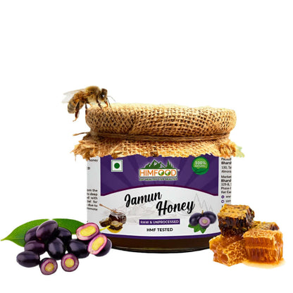 Himalayan Jamun Flower Raw Honey jar with honeycomb and Jamun fruit, showcasing natural sweetness from the Himalayas.