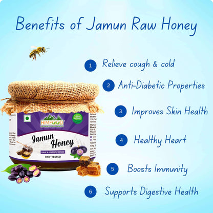 Himalayan honey Jamun Flower Raw Honey jar displaying health benefits including immunity boost and skin health.