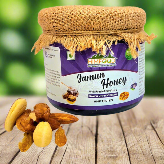 Glass jar of Himalayan Jamun Flower Honey with dry fruits – 400g – dark and nutrient-rich blend