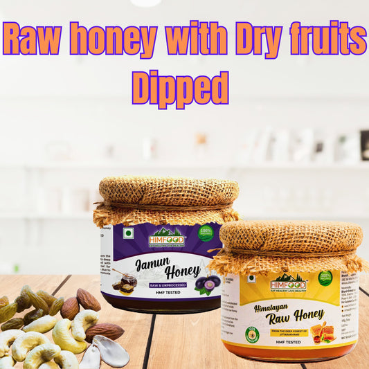 Two jars of Himalayan raw honey infused with dry fruits – Multiflora and Jamun combo pack (400g each)