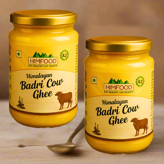 Two glass jars of Himalayan Badri Cow Ghee (500ml each), bilona method, sourced from native cows

