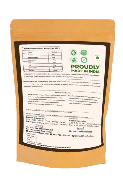 Back packaging of Himfood's Himalayan Multigrain Atta 1kg showcasing nutritional information and ingredients.