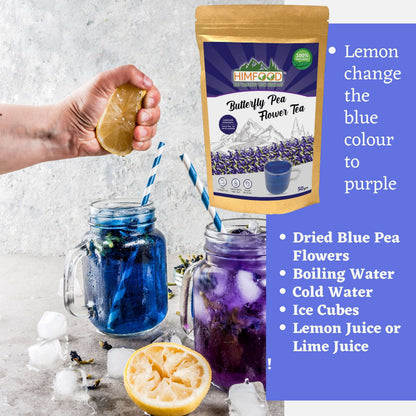 Butterfly Pea Flower Tea in jars with lemon, showcasing color change from blue to purple when lemon is added.