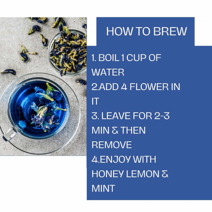 How to brew Butterfly Pea Flower Tea with brewing instructions and a cup of blue tea.